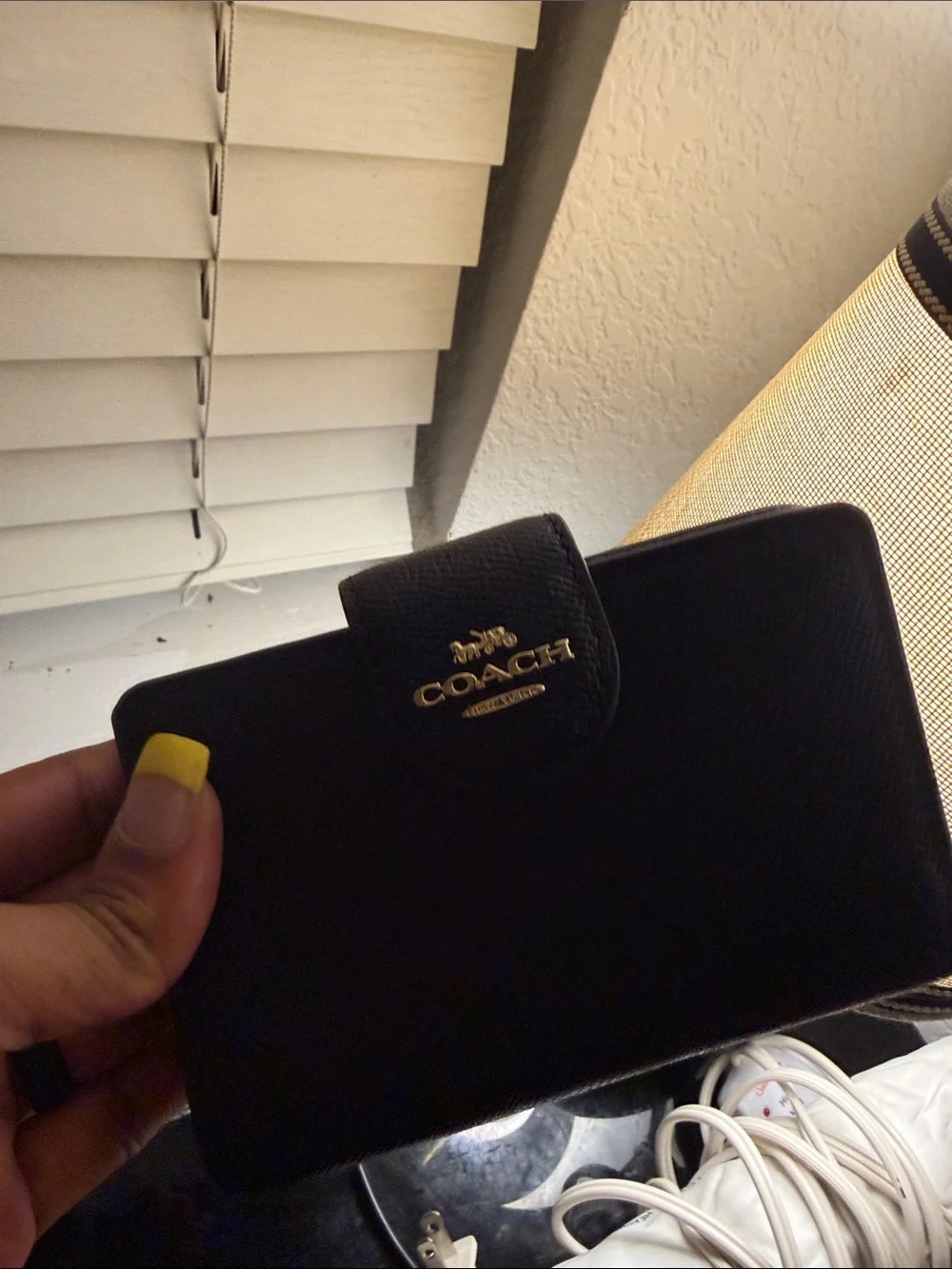COACH Black Leather Phone Wallet Case with Gold Logo